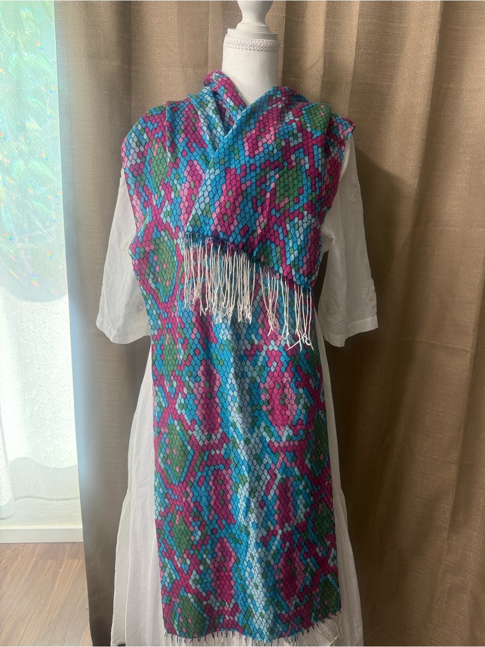 Lilly Pulitzer Bright Pink, Blue & Green Woven Fringe Scarf